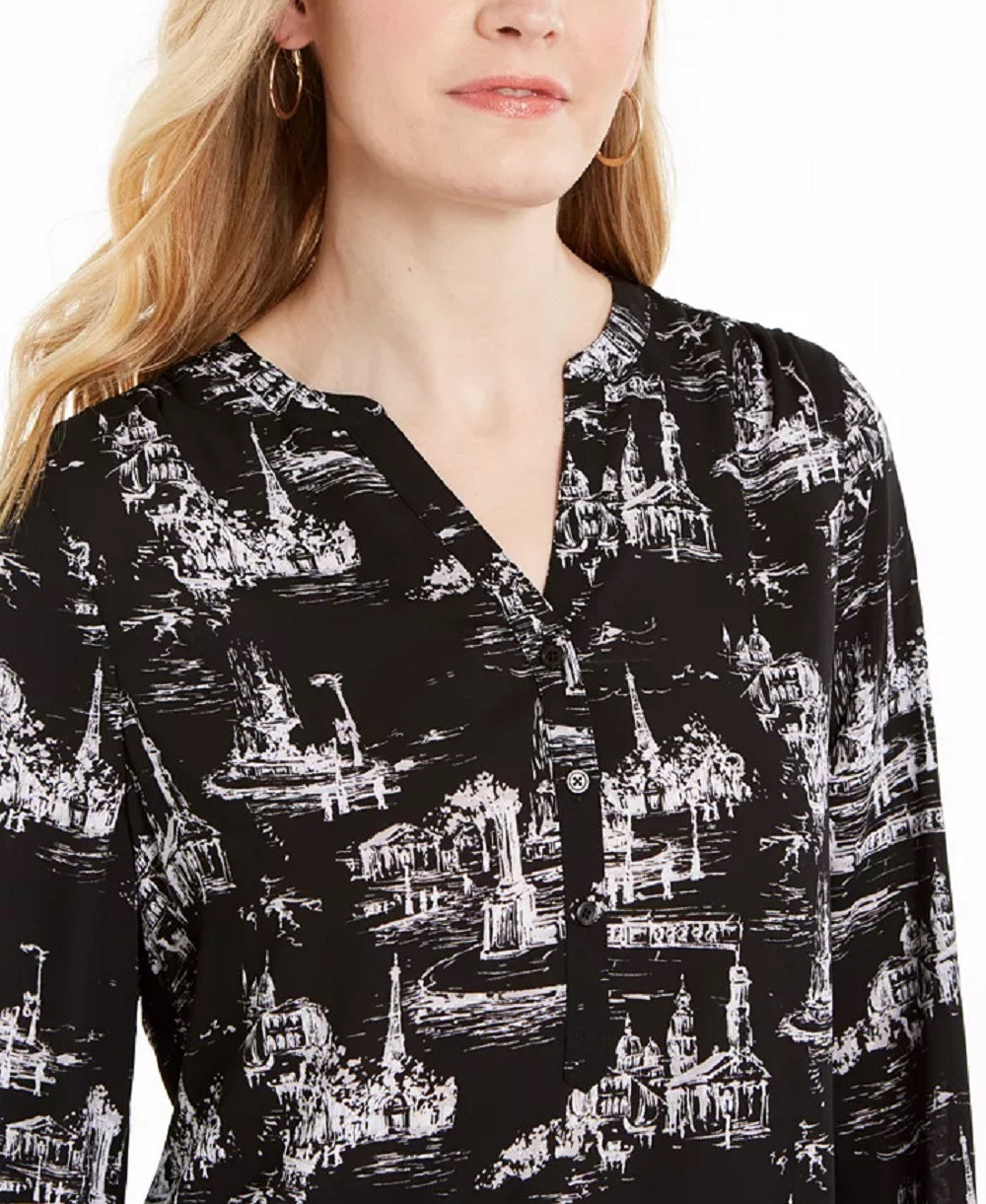 Charter Club Women's Printed Split-Neck Top Black Size X-Small