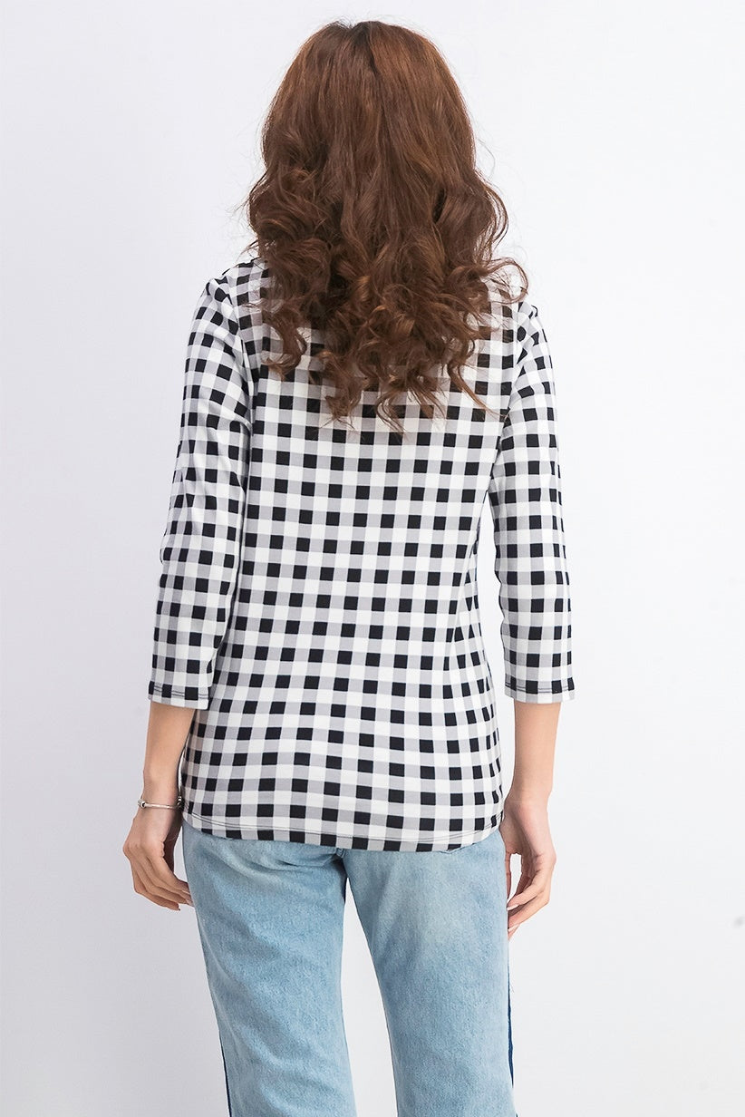 Charter Club Women's Cotton Gingham Print Boat Neck Top Black Size X-Large
