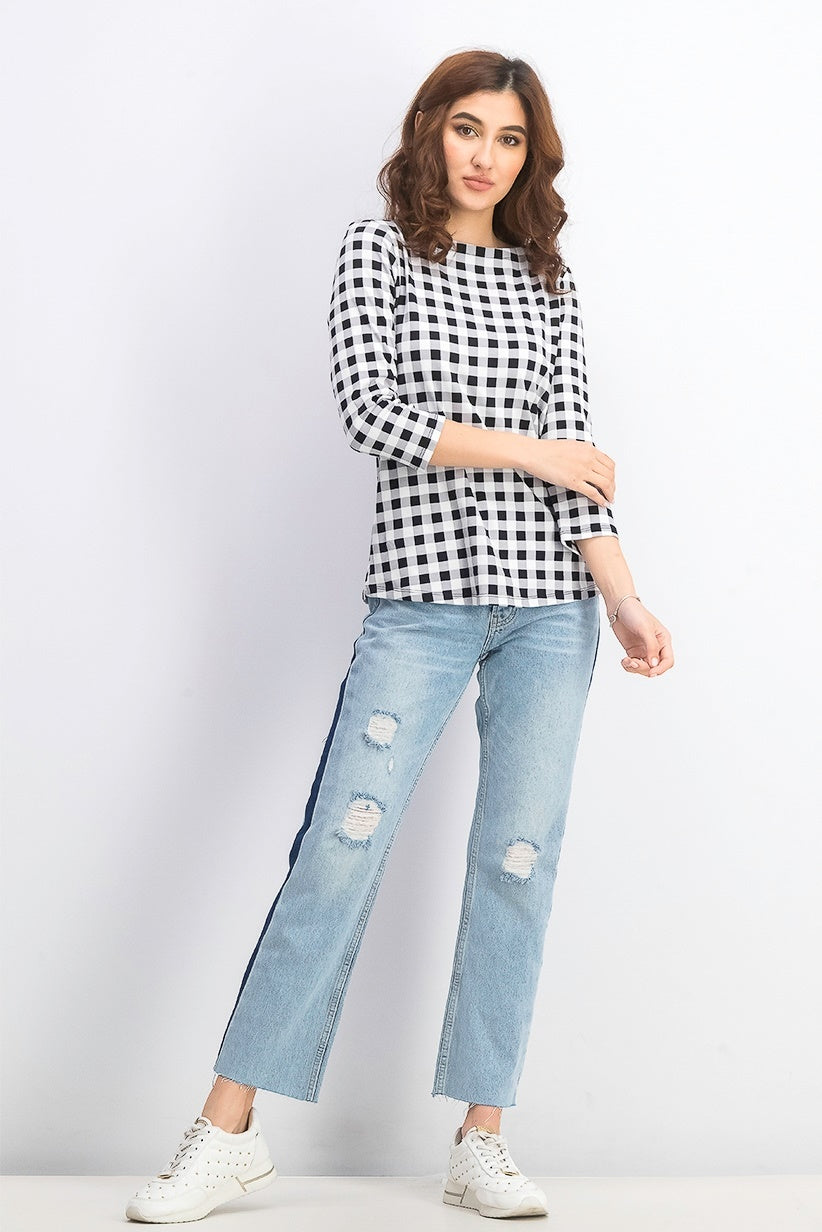 Charter Club Women's Cotton Gingham Print Boat Neck Top Black Size X-Large
