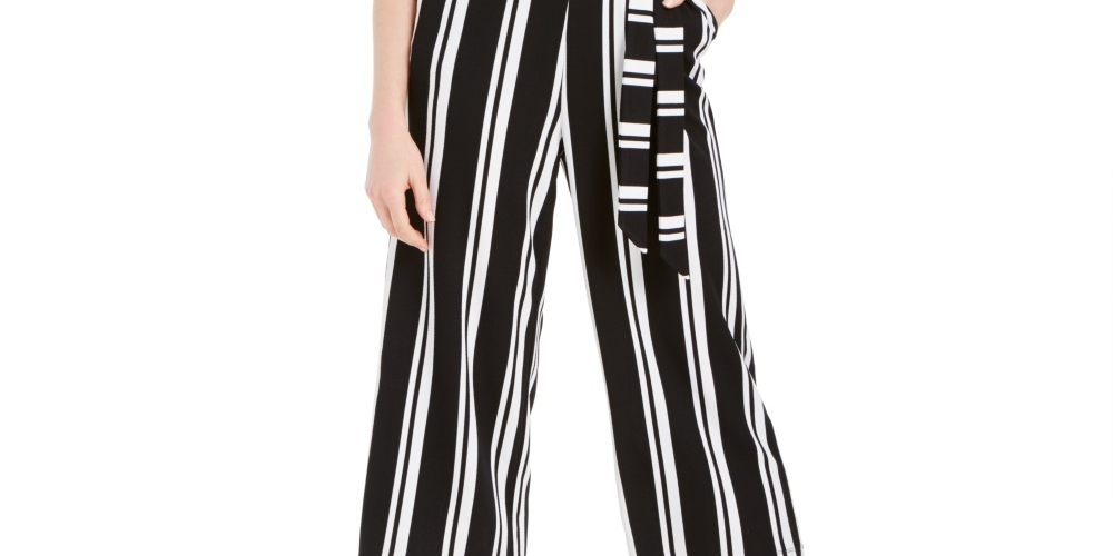 Charter Club Women's Striped Belted Jumpsuit Black Size Small