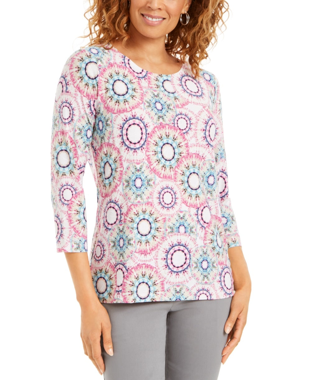 JM Women's Collection Printed 3/4-Sleeve Jacquard Top Navy Size Medium