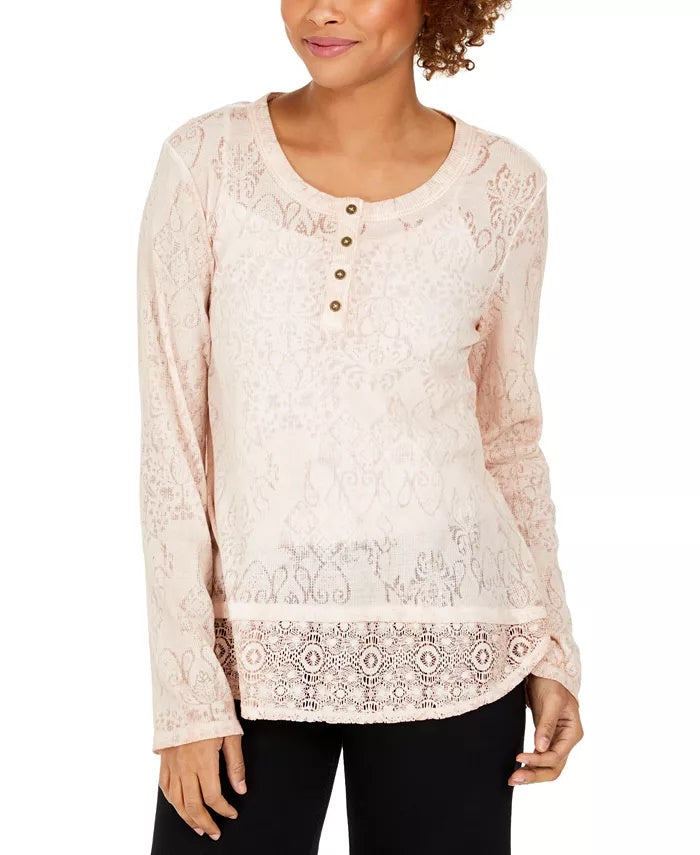 Style & Co Women's Lace Henley Top Pink Size Medium
