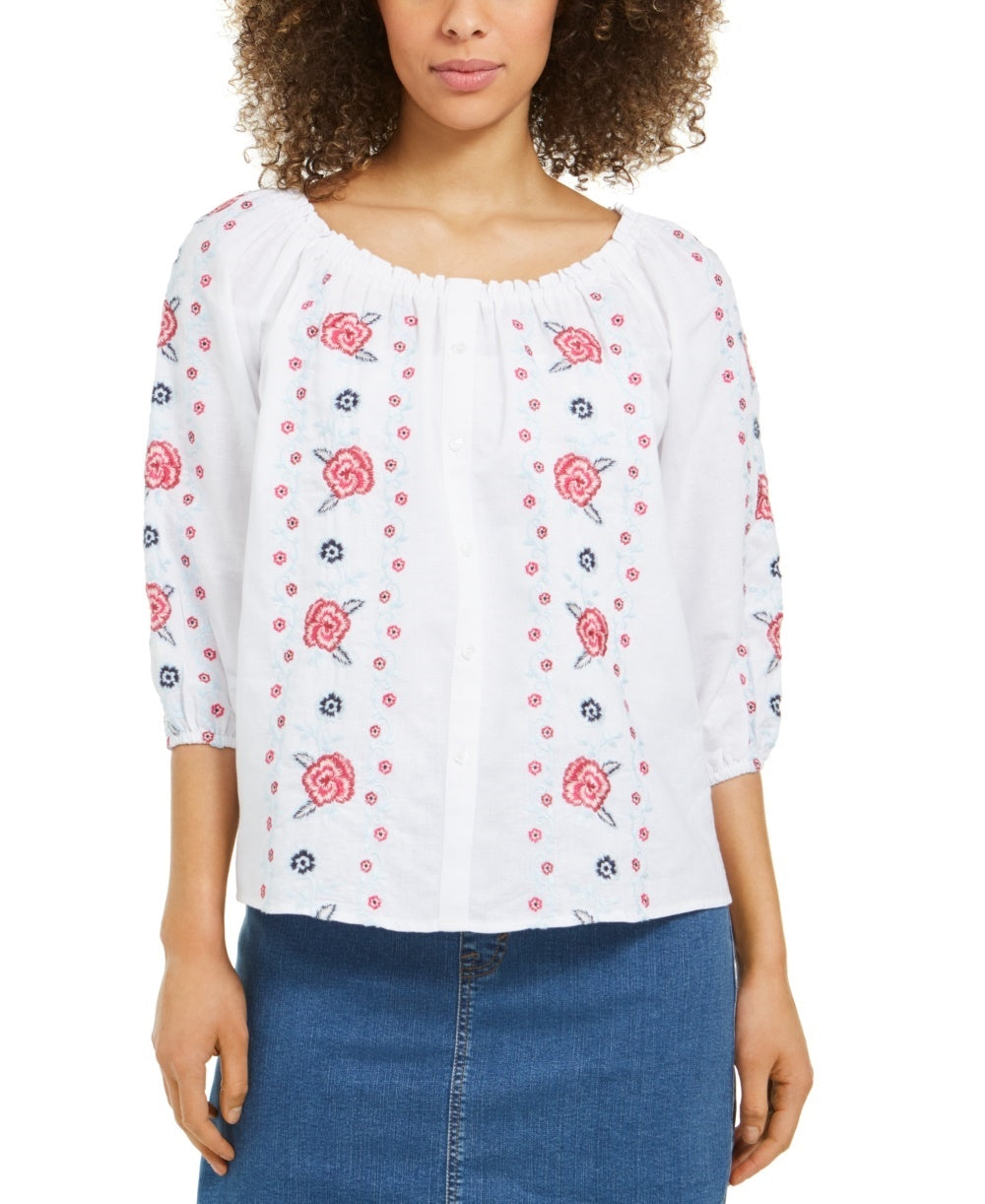 Charter Club Women's Linen Embroidered Front Blouse White Size X-Small