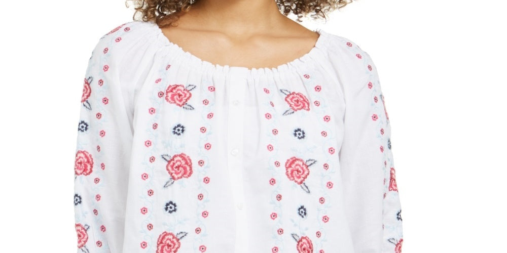 Charter Club Women's Linen Embroidered Front Blouse White Size X-Small