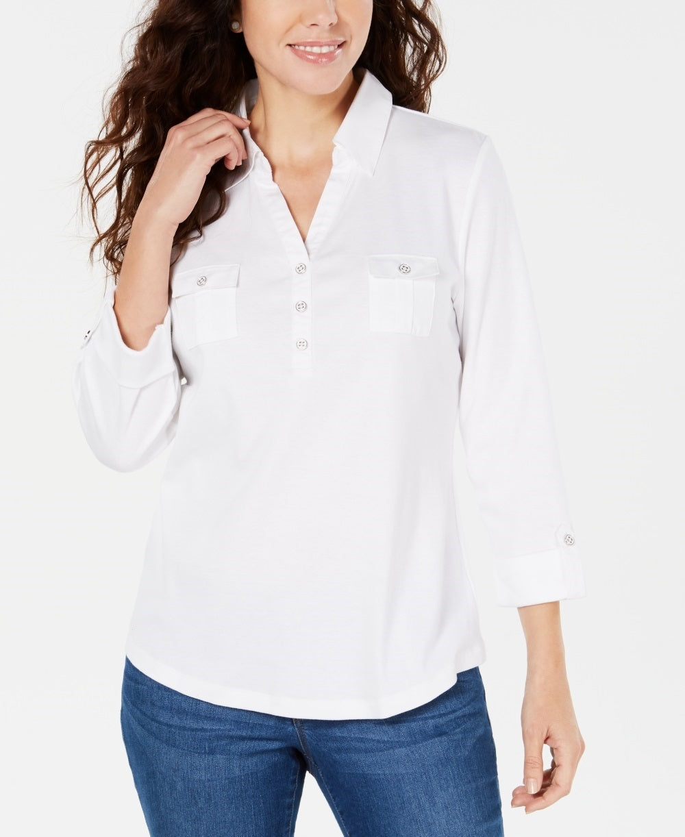 Karen Scott Women's Woven 3/4-Sleeve Shirt Bright Pink Size Large