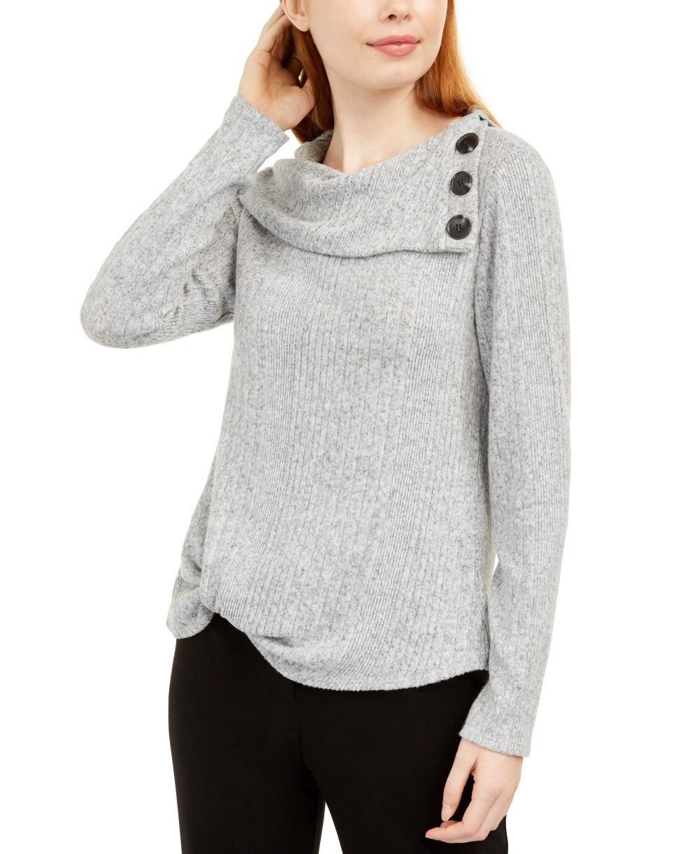 BCX Junior's Button Trim Ribbed Sweater Gray Size X-Large