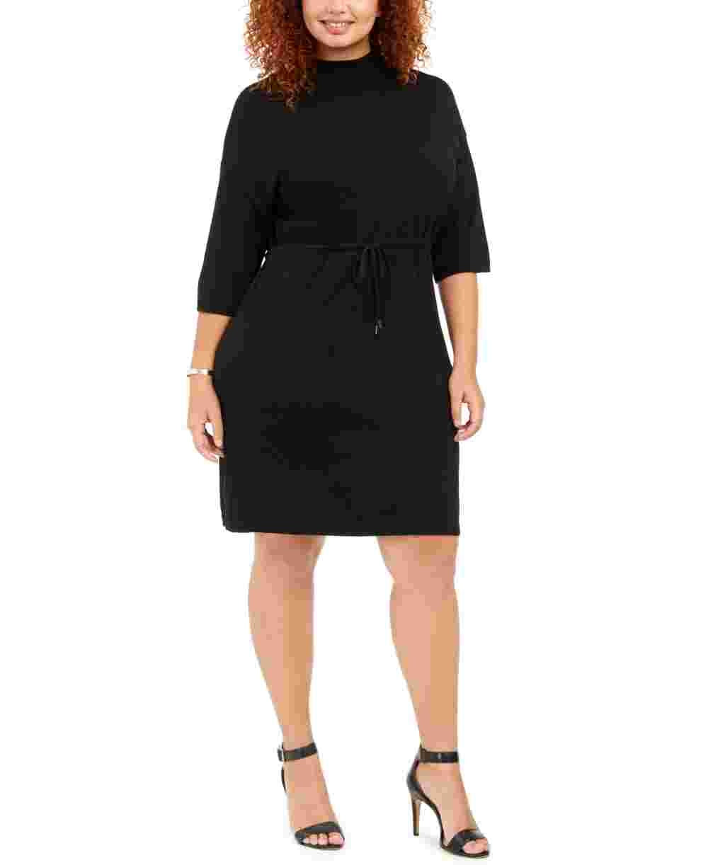 Anne Klein Women's Belted 3/4 Sleeve Jewel Neck Above The Knee Sheath Wear To Work Dress Black Size 3X