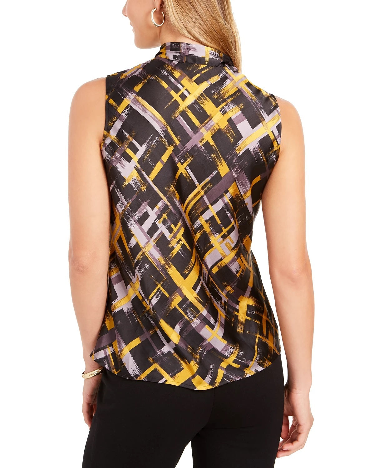 Kasper Women's Petite Printed Tie-Neck Top Yellow Small