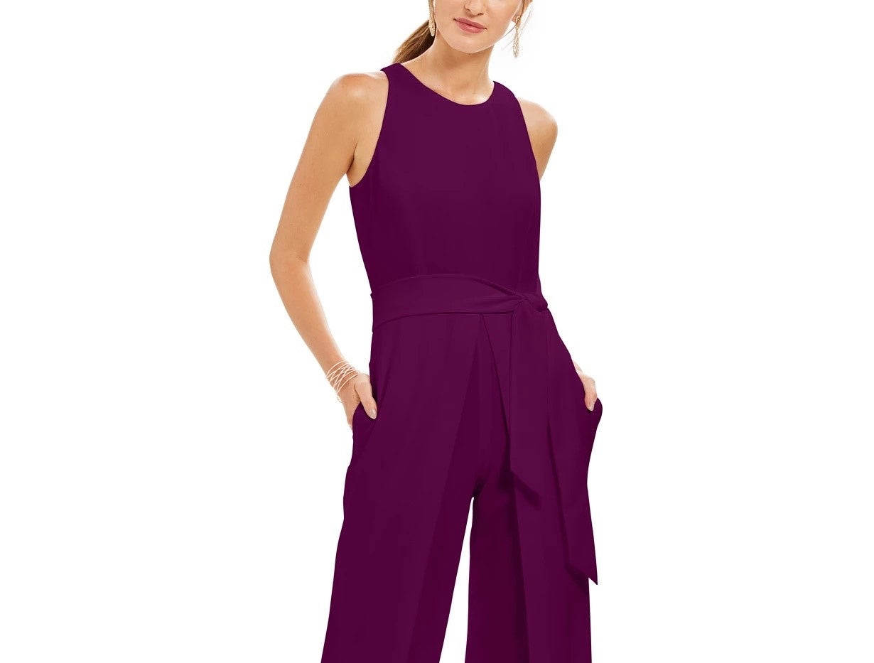 INC International Concepts Women's Belted Flyaway-Leg Jumpsuit Wine Size 2