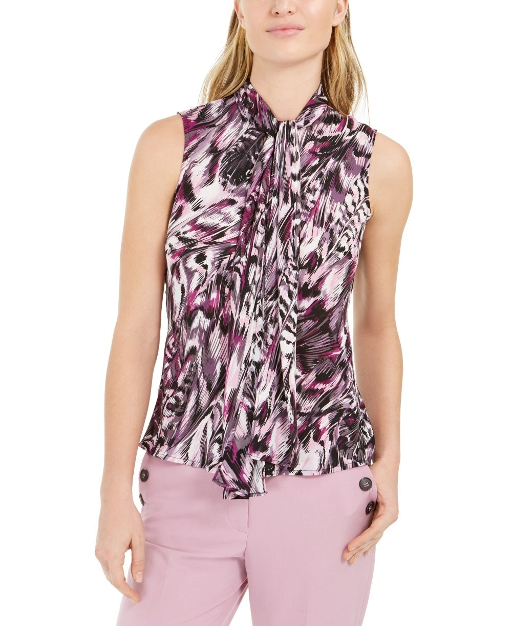 Bar III Women's Printed Tie-Neck Top Bright Pink Size XX-Small