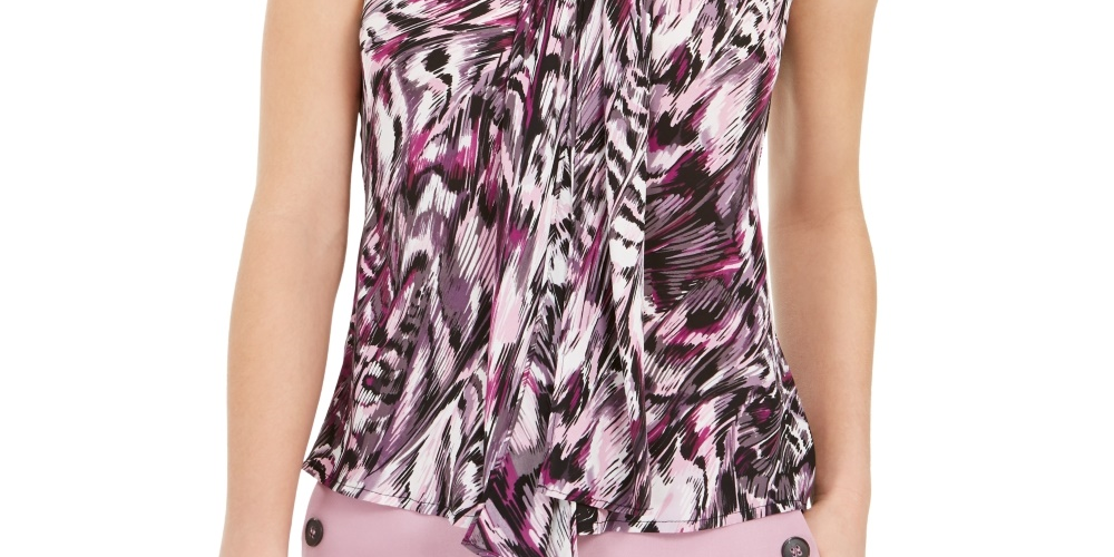 Bar III Women's Printed Tie-Neck Top Bright Pink Size XX-Small