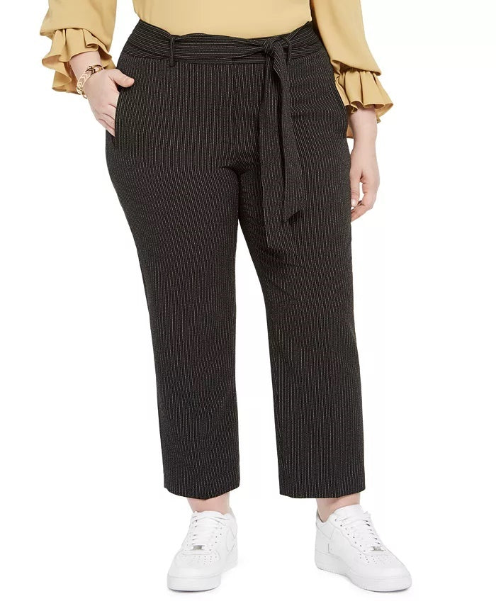 Bar III Women's Belted Striped Straight Leg Pants Charcoal Size 14W