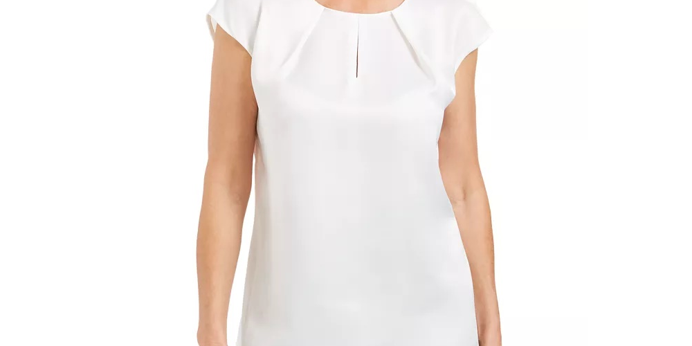 Kasper Women's Pleated Neck Keyhole Blouse White Size Petite Large
