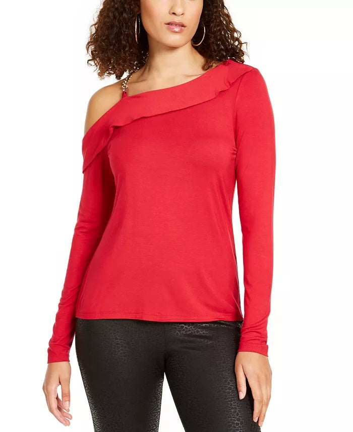 Thalia Sodi Women's Ruffled One-Shoulder Top Bright Red Size Medium