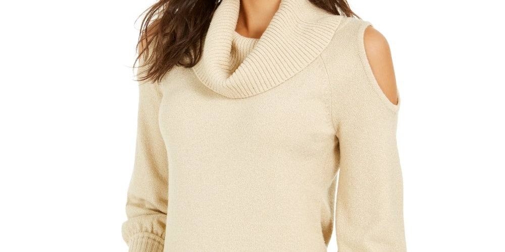Thalia Sodi Women's Cold Shoulder Cowl Neck Sweater Gold Size Medium