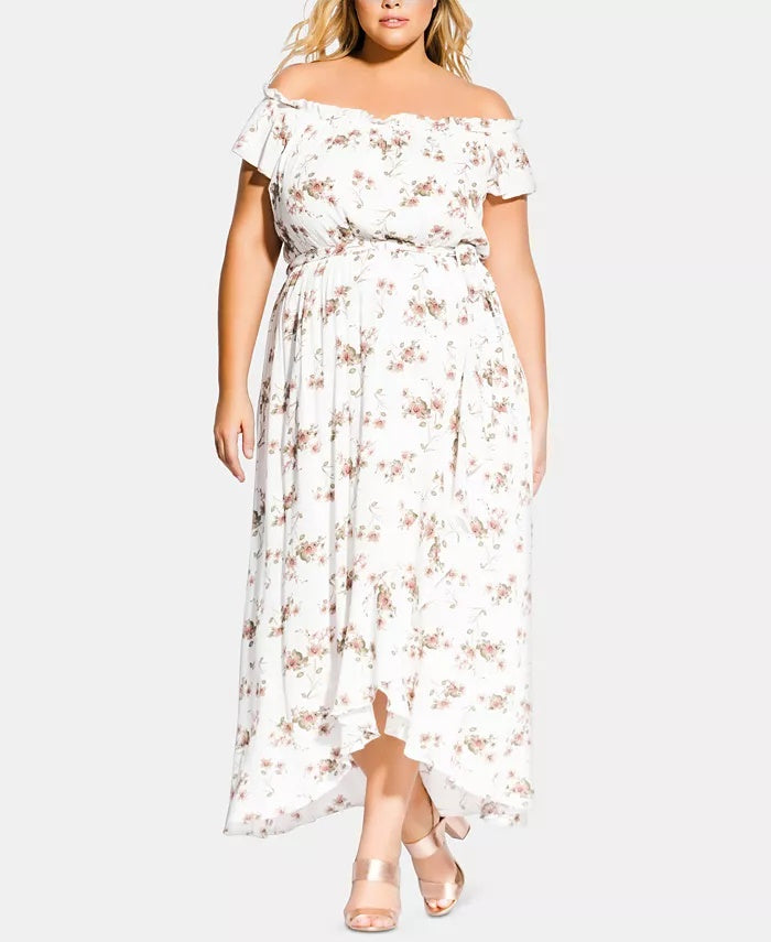 City Chic Women's Trendy Plus Size Floral-Print Off-The-Shoulder Dress White Size 16 Plus