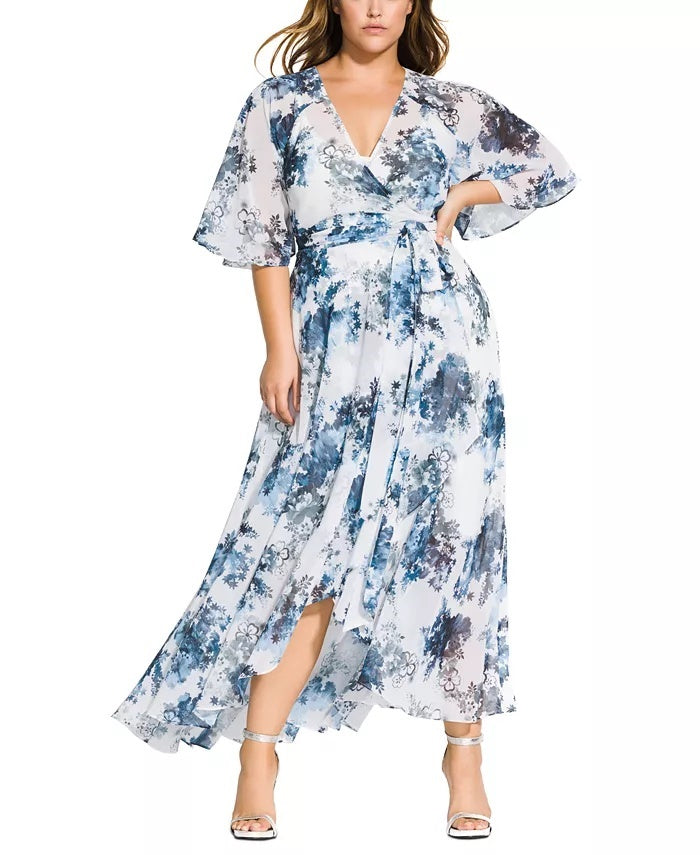 City Chic Women's Kenji Floral Wrap Maxi Dress White Size 18W