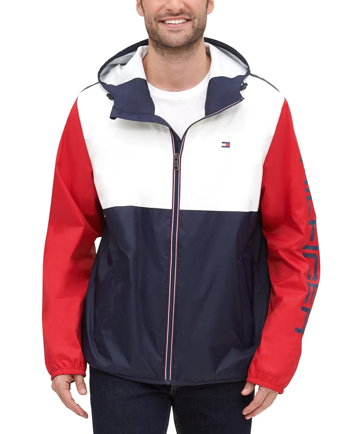 Tommy Hilfiger Men's Colorblocked Logo Rain Slicker Blue Size Small