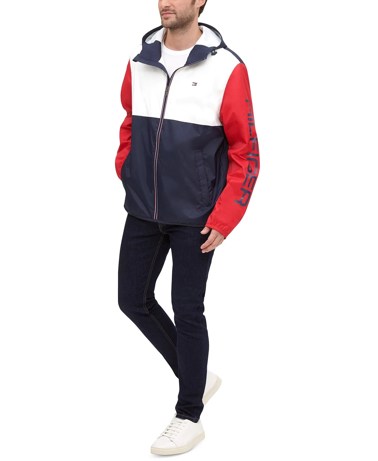 Tommy Hilfiger Men's Colorblocked Logo Rain Slicker Blue Size Small