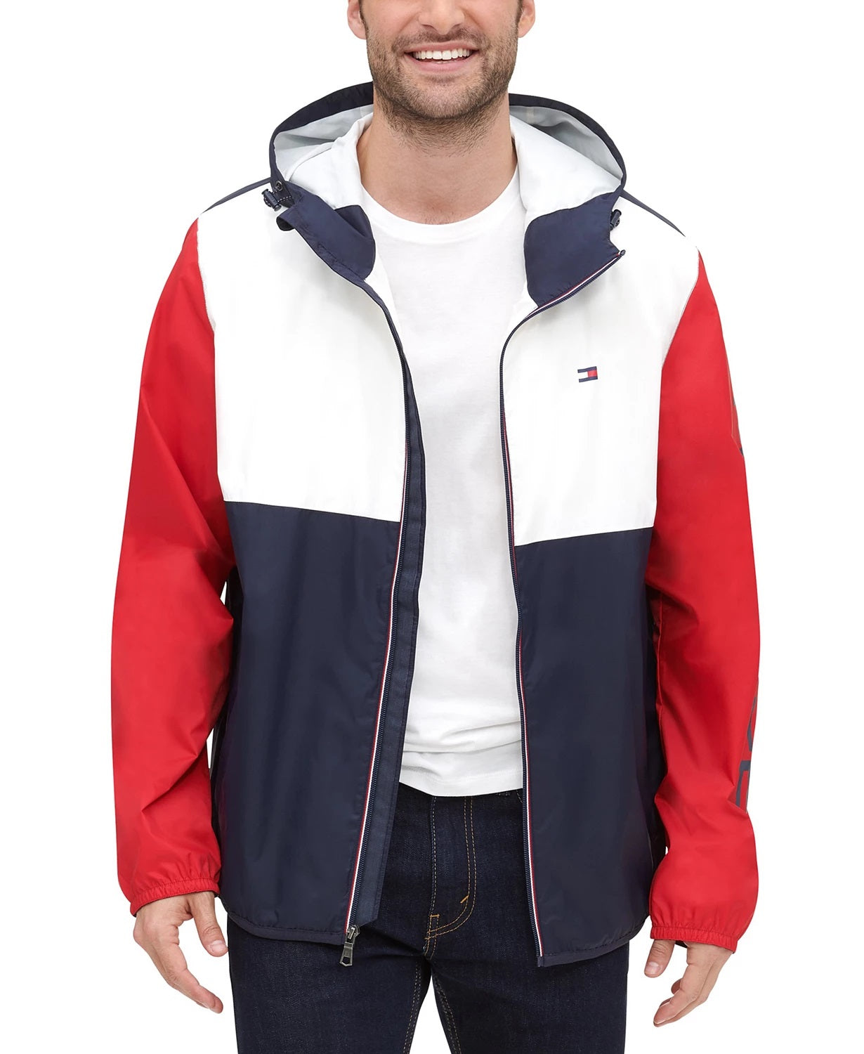 Tommy Hilfiger Men's Colorblocked Logo Rain Slicker Blue Size Small