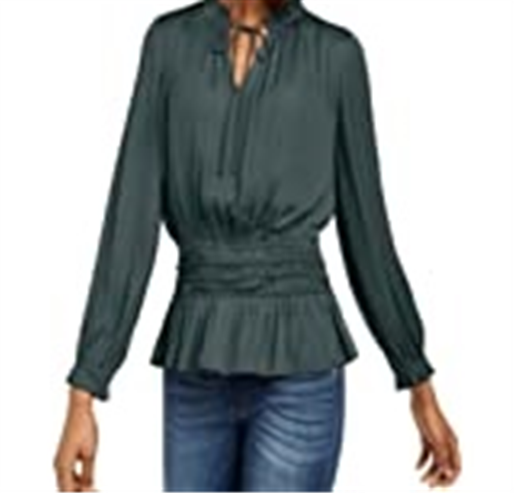 Current Air Women's Shirred Waist Split Neck Top Green Size Large