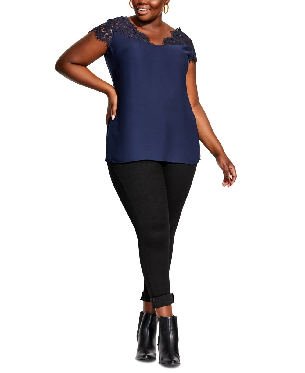 City Chic Women's Lace Yoke Blouse Blue Size 18W