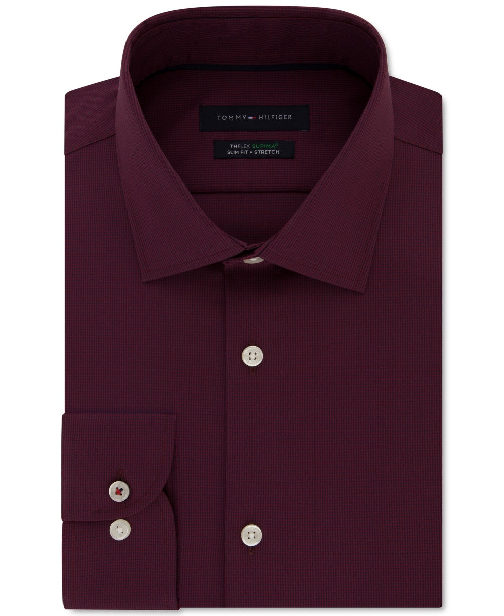 Tommy Hilfiger Men's Slim Fit Non Iron Performance Stretch Check Dress Shirt Red Size 16X32-33