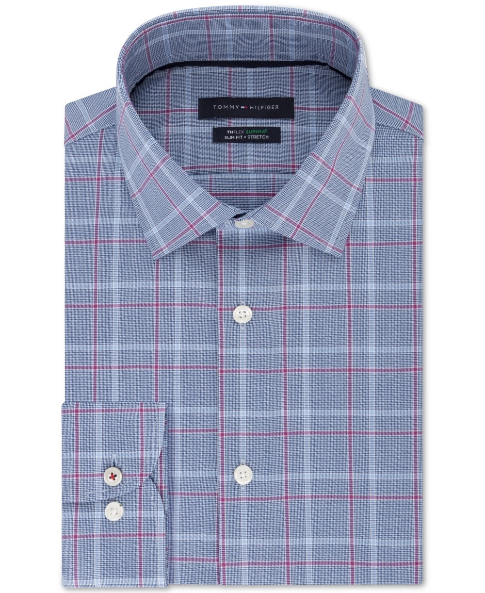 Tommy Hilfiger Men's Slim Fit Performance Stretch Check Dress Shirt Purple Size 17.5X32-33