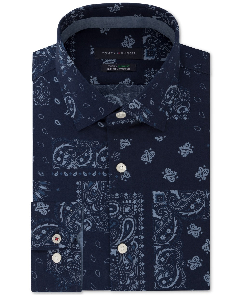 Tommy Hilfiger Men's Slim-Fit Non-Iron Thflex Supima Performance Stretch Paisley Print Dress Shirt Blue Size 17X34-35