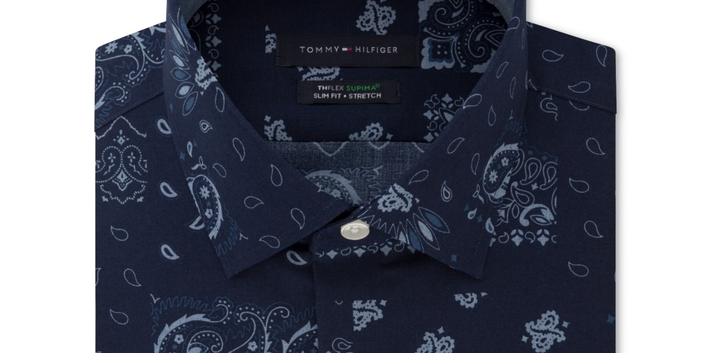 Tommy Hilfiger Men's Slim-Fit Non-Iron Thflex Supima Performance Stretch Paisley Print Dress Shirt Blue Size 17X34-35