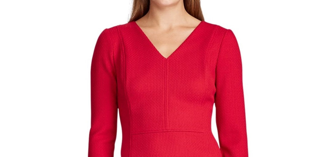 Ralph Lauren Women's Red Textured 3/4 Sleeve V Neck Above The Knee Sheath Party Dress Red Size 12
