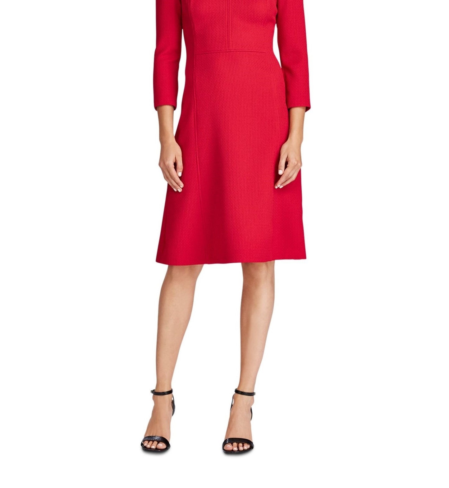 Ralph Lauren Women's Red Textured 3/4 Sleeve V Neck Above The Knee Sheath Party Dress Red Size 12