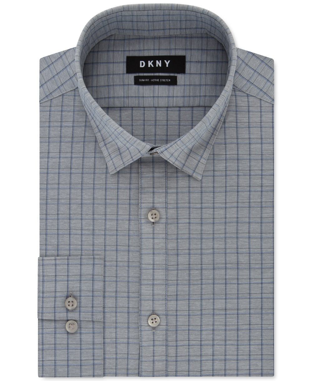 DKNY पुरुषों की स्लिम-फिट परफॉरमेंस एक्टिव स्ट्रेच चेक ड्रेस शर्ट नीला आकार 18X34-35
