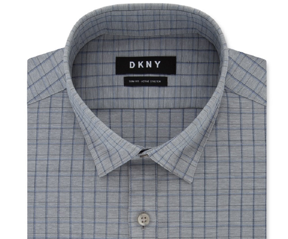 DKNY पुरुषों की स्लिम-फिट परफॉरमेंस एक्टिव स्ट्रेच चेक ड्रेस शर्ट नीला आकार 18X34-35