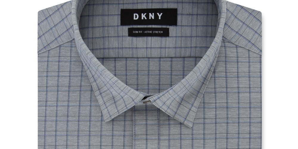 DKNY Men's Windowpane Plaid Collared Slim Fit Moisture Wicking Dress Shirt Gray  Size 15X34-35