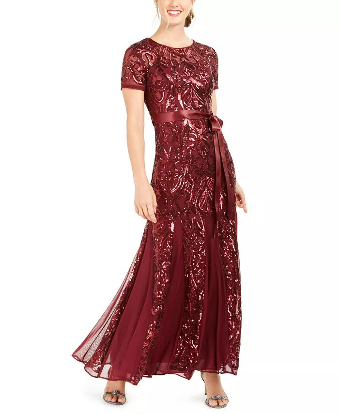 R & M Richards Women's Petite Embellished Illusion Gown Wine Size 14P