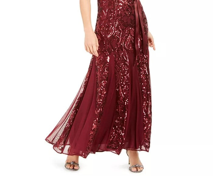R & M Richards Women's Petite Embellished Illusion Gown Wine Size 14P