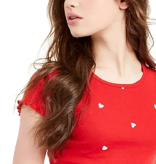 Love Tribe Juniors' Heart-Print Lettuce-Edge T-Shirt Bright Red Size Medium