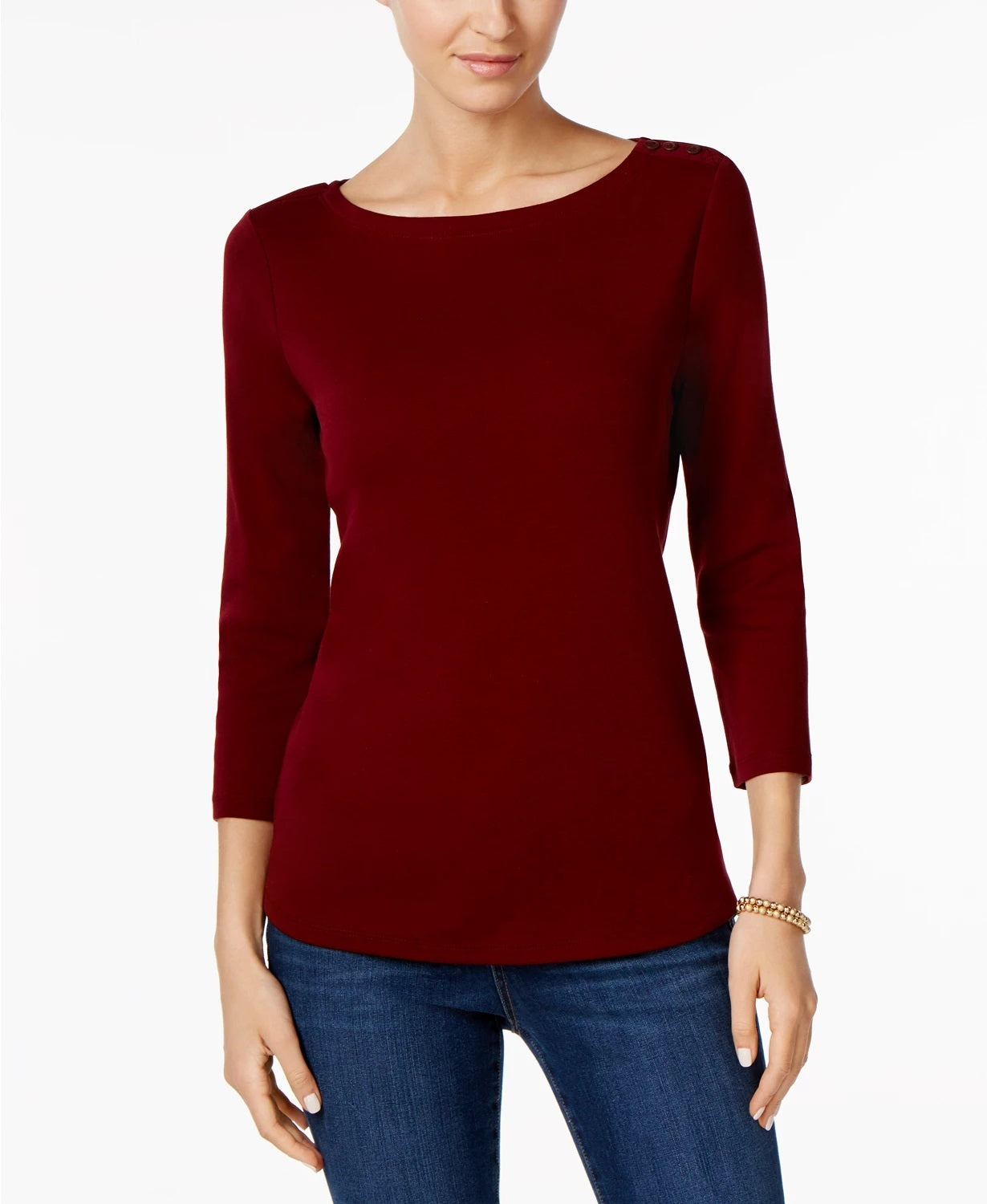 Charter Club Women's Pima Cotton Button Shoulder Top Red Size Petite Small