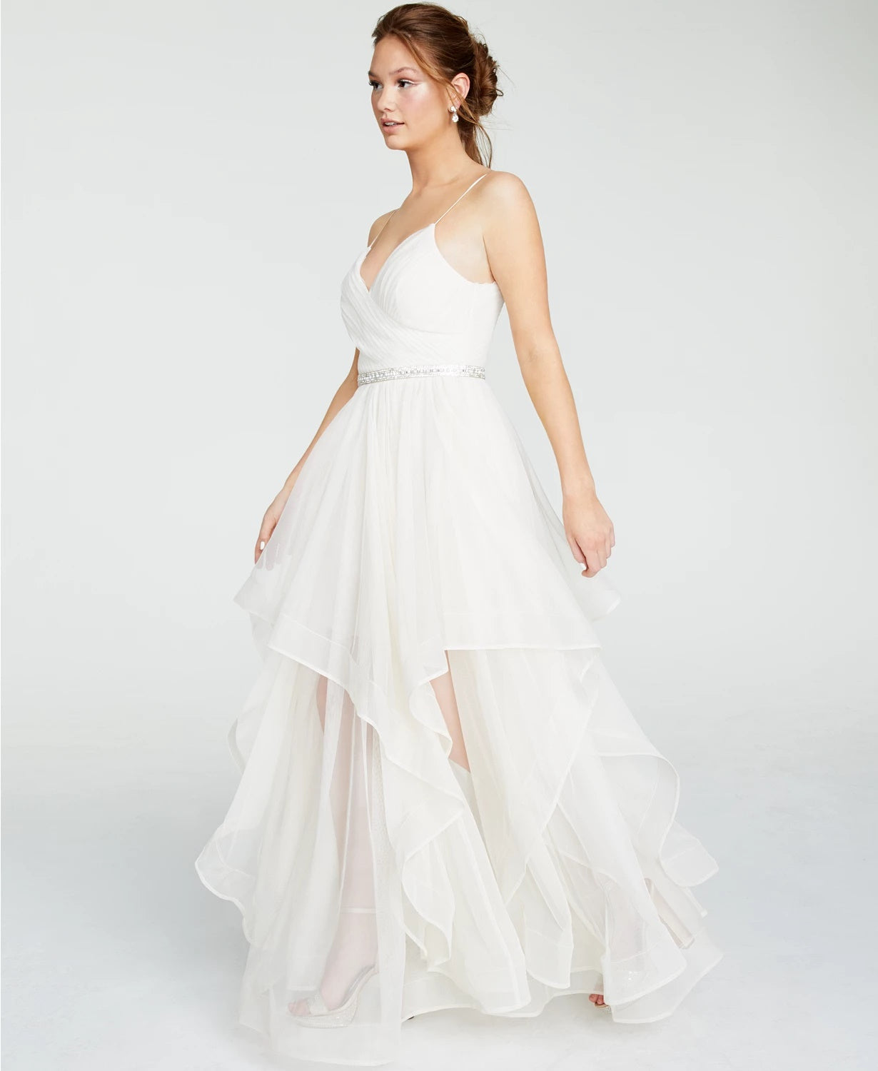Sequin Hearts Juniors' Rhinestone-Belted Gown White Size 3
