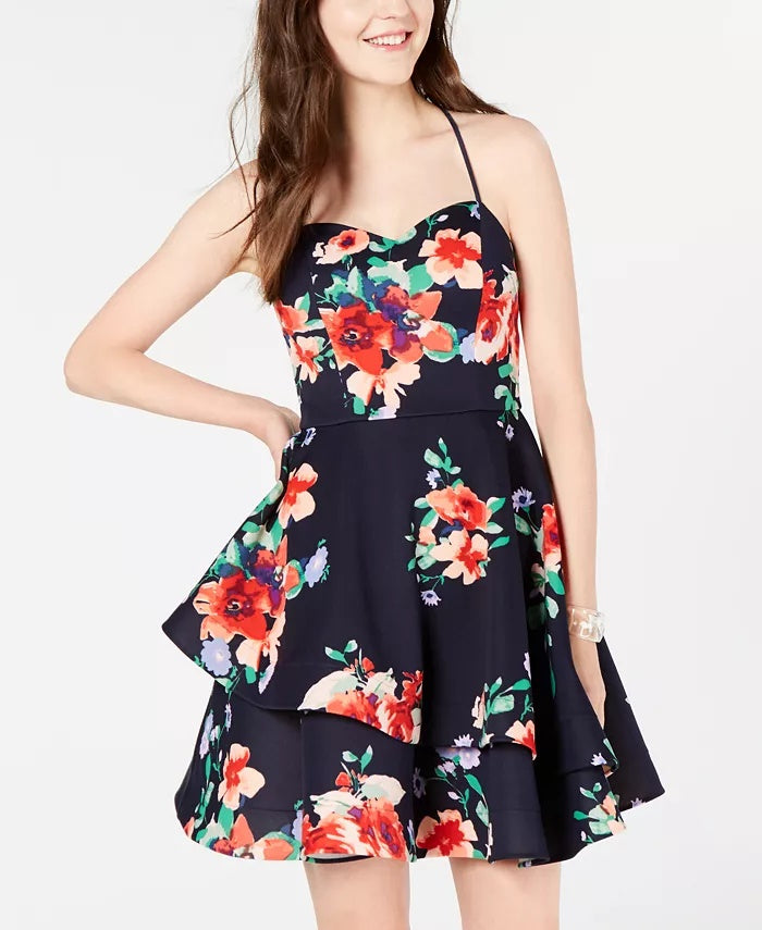 Sequin Hearts Junior's Floral Double Ruffle Dress Red Size 5