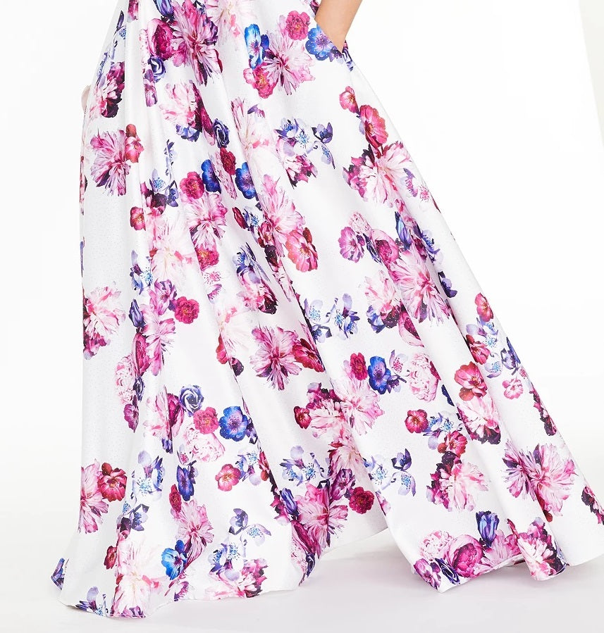 City Studios Juniors' Floral-Print Lace-Back Gown White Size 5