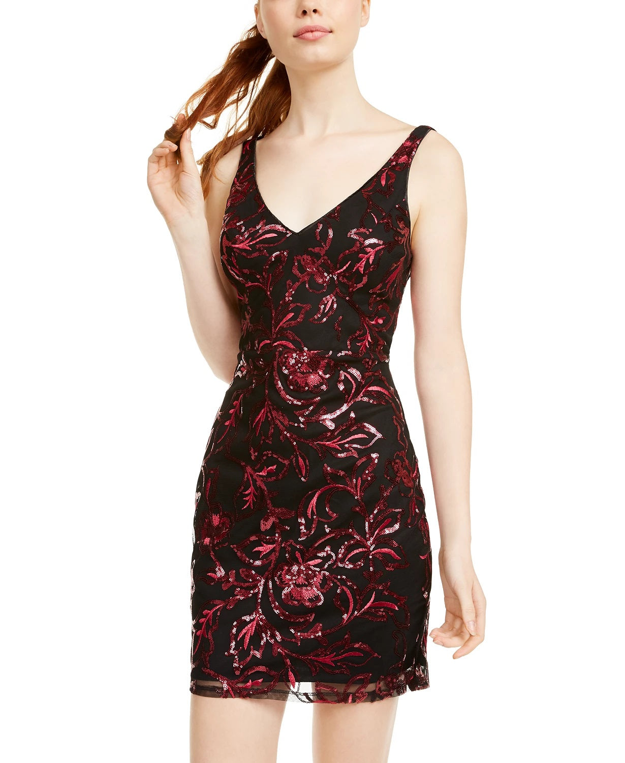 Sequin Hearts Junior's Sequined Illusion Back Dress Black, Red Size 0