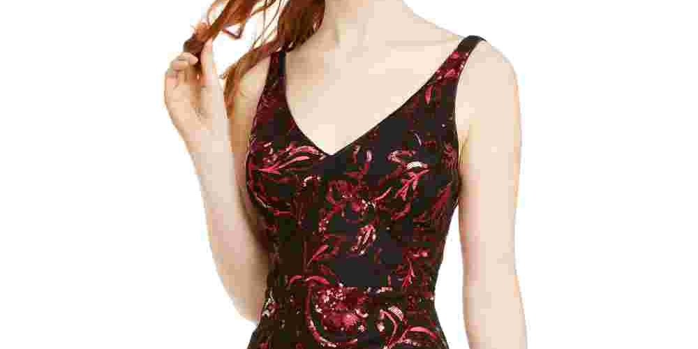 Sequin Hearts Women's Sequined Printed Sleeveless V Neck Short Body Con Cocktail Dress Black Red Size 7