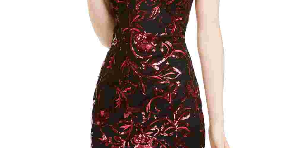 Sequin Hearts Women's Sequined Printed Sleeveless V Neck Short Body Con Cocktail Dress Wine Size 11