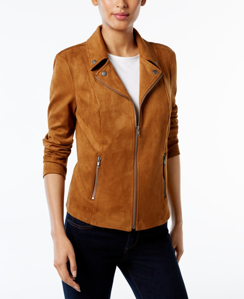 Style & Co Women's Faux Suede Moto Jacket Brown Size Petite Small