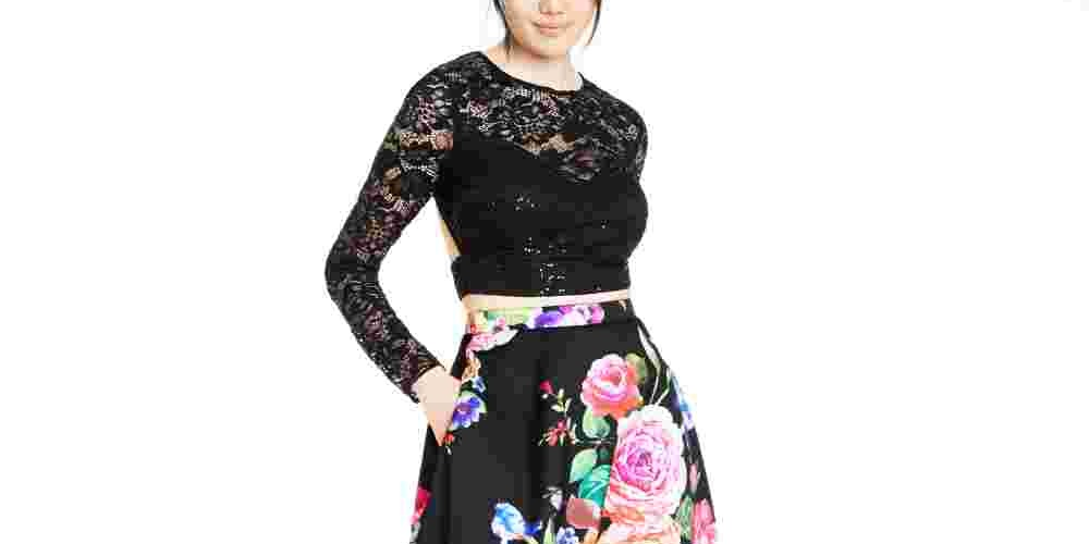 B Darlin Junior's 2 Pc Lace & Floral Print Gown Black Size 9-10