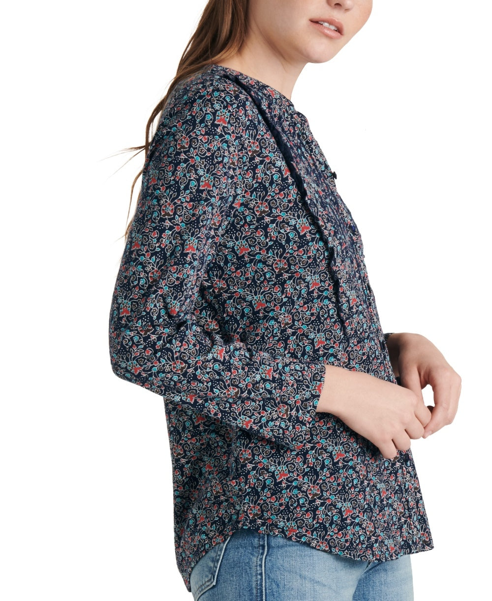 Lucky Brand Women's Floral Button Down Button Down Top Navy Size Small