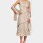 Alex Evenings Women's Printed Tiered Hem Dress & Shawl Brown Size 14