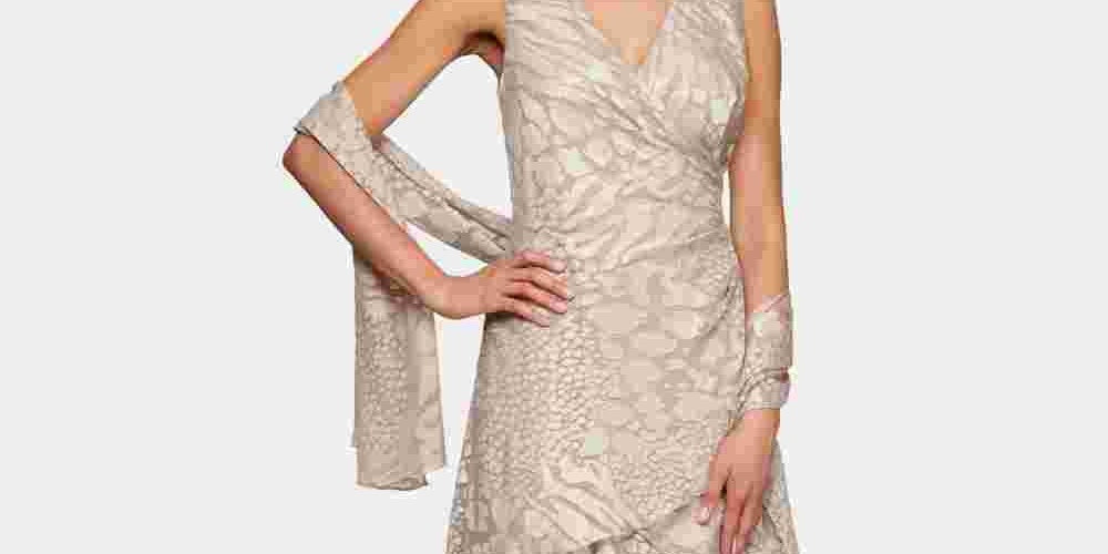 Alex Evenings Women's Printed Tiered Hem Dress & Shawl Brown Size 14